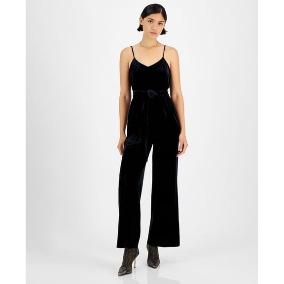 Bar III Womens Velvet V Neck Scoop Back Belted Jumpsuit Black M