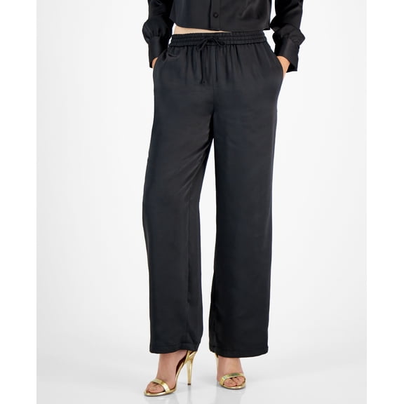 Bar III Womens Washed Satin Pull On Wide Leg Pants Black XL