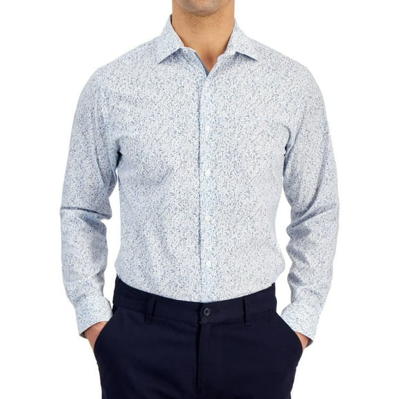 Bar Iii Mens Slim fit Dress Shirt Small 14-14.5 Long Sleeve White Blue Floral