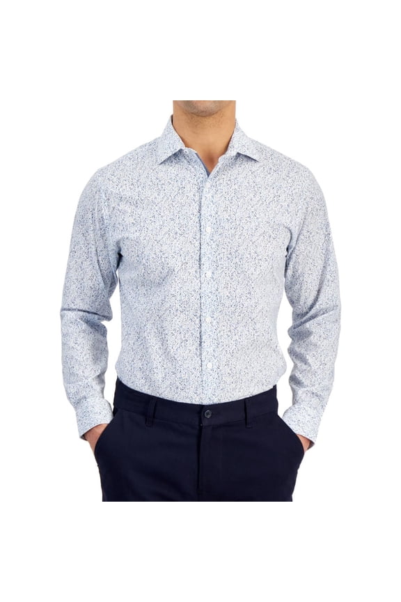 Mens Slim fit Dress Shirt Small 14-14.5 Long Sleeve White Blue Floral