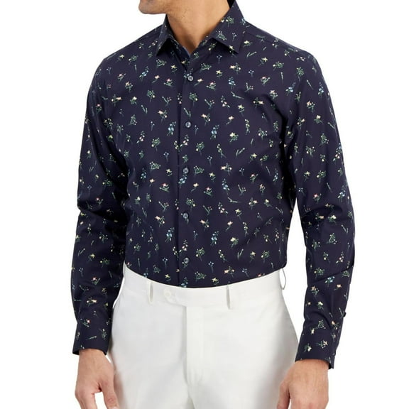 Bar Iii Mens Slim fit Dress Shirt Small 14-14.5 Long Sleeve Navy Blue Floral