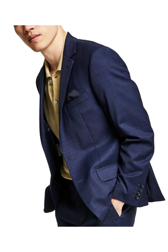 Mens Skinny fit Suit Jacket Blazer 40 L Navy Blue Plaid Stretch Wool