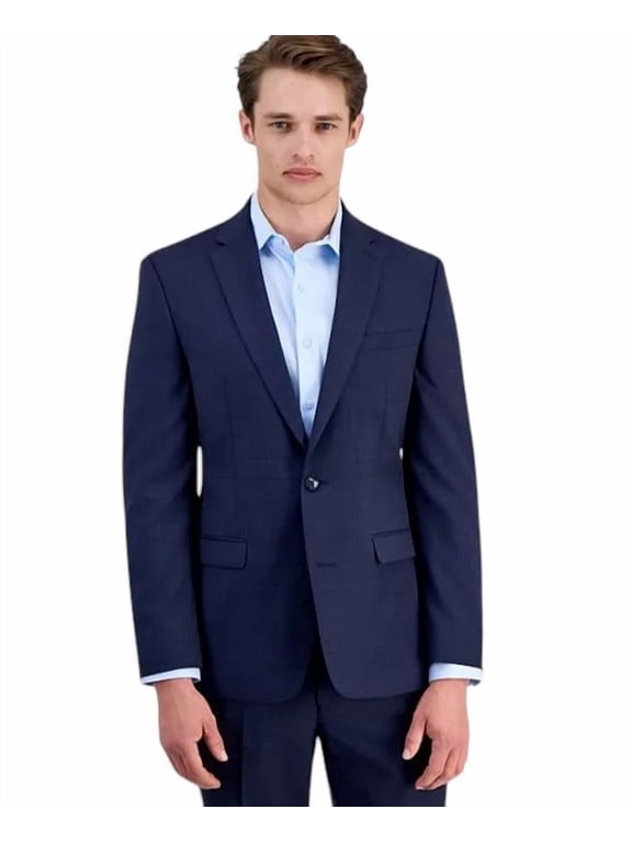 Mens Slim fit Wool Suit Jacket Blazer 38 S Navy Blue Plaid