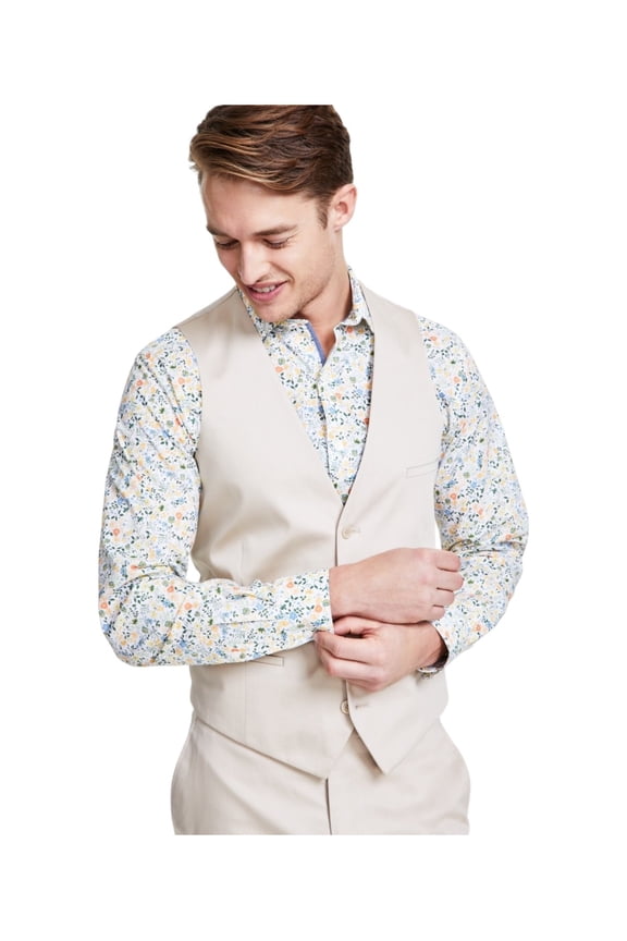 Mens Slim fit Button-Up Suit Vest Large Beige Solid Stretch