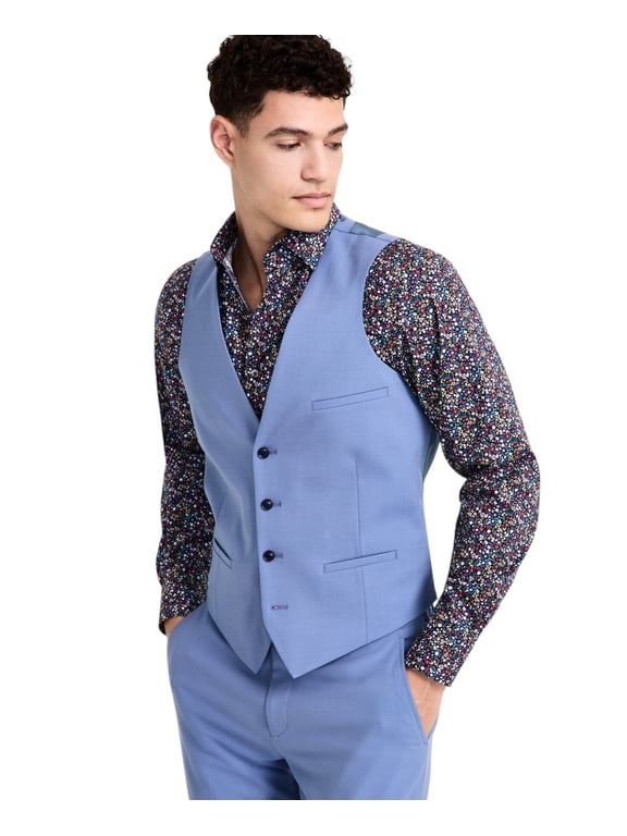 Mens Slim fit Button-Up Vest Small Steel Blue Solid Stretch Wool