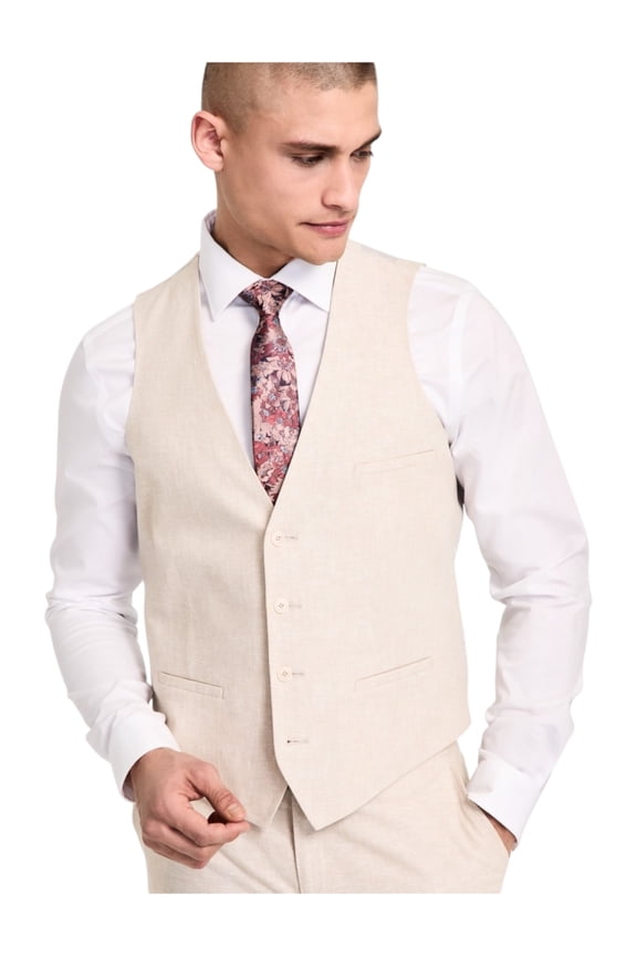 Mens Slim fit Button-Up Suit Vest Medium Beige Solid Linen Linen