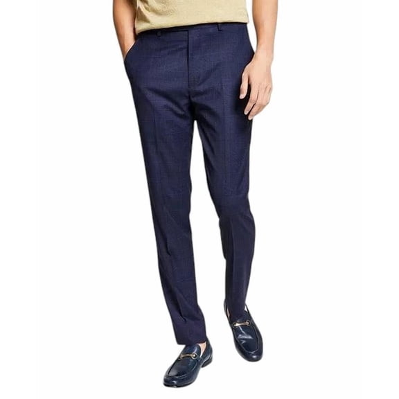 Bar Iii Mens Skinny fit Dress Pants 32 / 32 Navy Blue Plaid Stretch Wool
