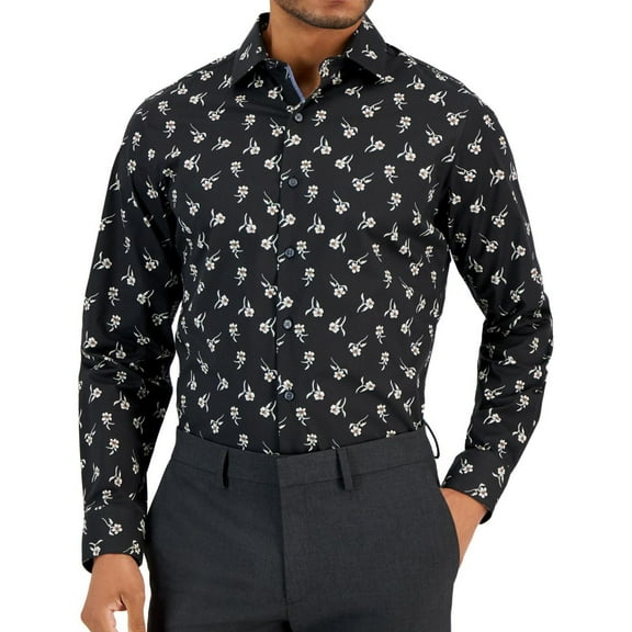 Bar Iii Mens Slim fit Dress Shirt Large 16-16.5 Long Sleeve Black Floral