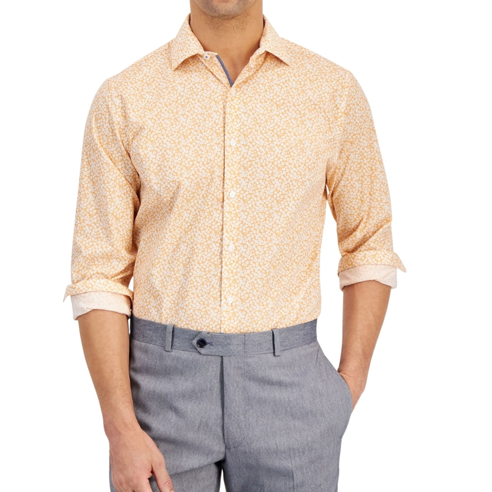 Bar Iii Mens Slim fit Dress Shirt Large 16-16.5 Long Sleeve Orange Floral -  Walmart.com