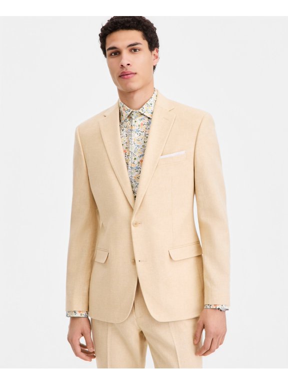 Mens Slim fit Linen Cotton Suit Jacket Blazer 42 R Yellow Solid