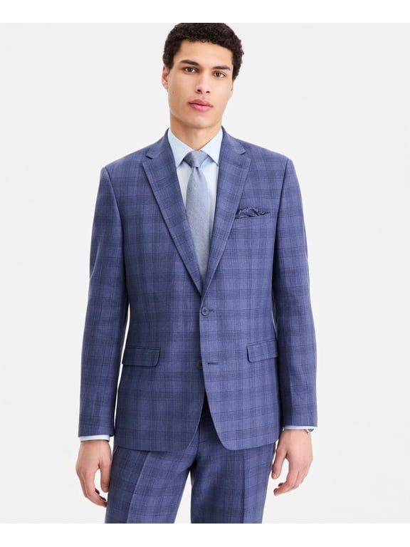 Mens Slim fit Linen Cotton Suit Jacket Blazer 44 L Blue Plaid