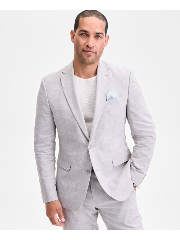 Mens Slim fit Linen Cotton Suit Jacket Blazer 44 R Light Gray Solid