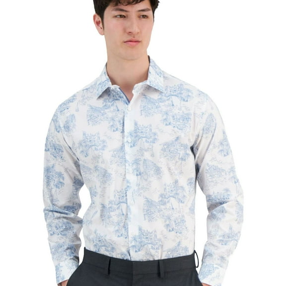 Bar Iii Mens Slim fit Dress Shirt Small 14.5 in Long Sleeve White Blue Floral