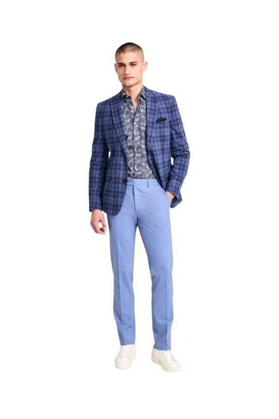 Mens Slim fit Sport Coat Blazer 42 L Multi Blue Plaid Stretch