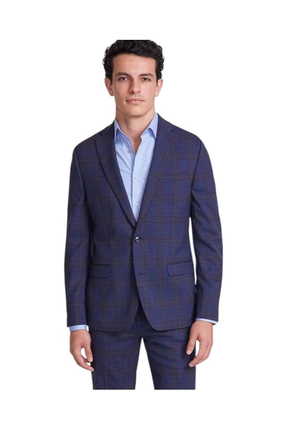 Mens Slim fit Suit Jacket Blazer 38 R Navy Blue Plaid Stretch Wool