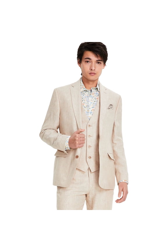 Mens Slim fit Linen Sport Coat Blazer 40 L Tan Beige Solid