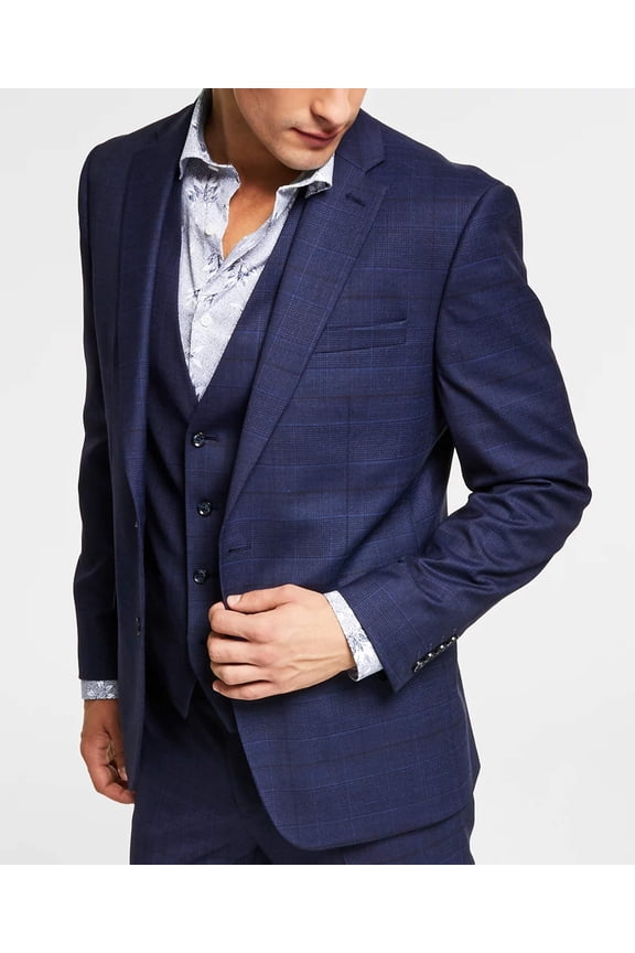 Mens Slim fit Wool Suit Jacket Blazer 40 R Navy Blue Plaid