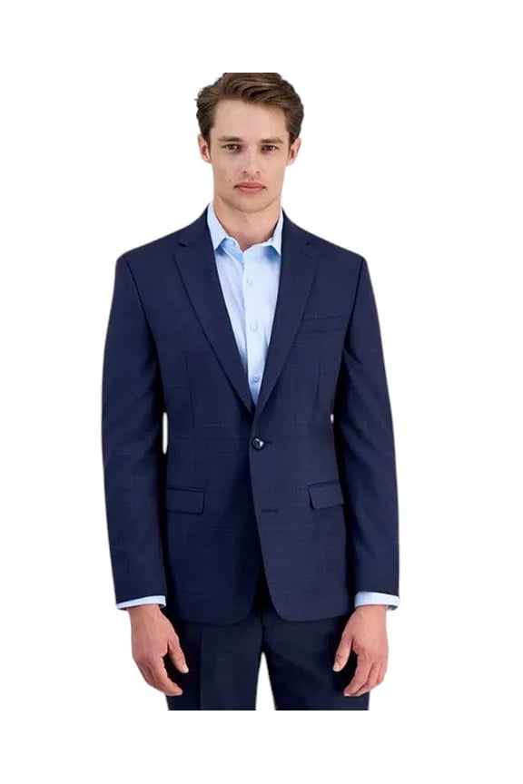 Mens Slim fit Suit Jacket Blazer 42 R Navy Blue Plaid Stretch Wool