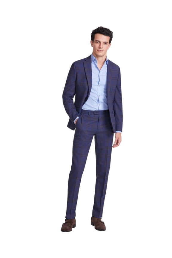 Mens Slim fit Wool Dress Pants 32 / 32 Navy Blue Plaid