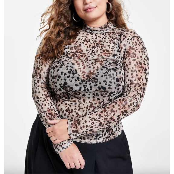 Bar Iii Trendy Plus Size Cheetah-Print Mesh Mock-Neck Top - Carly Chee - 2XUS