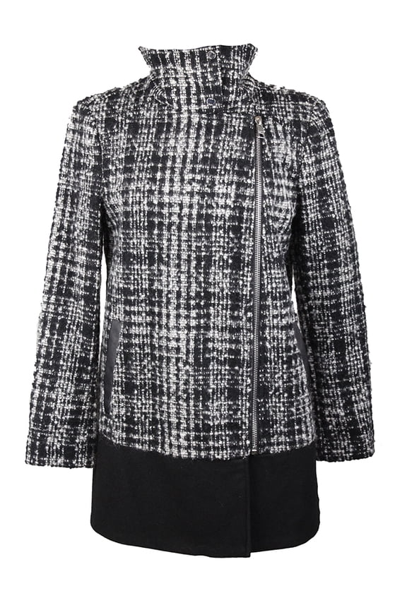 Womens Black/White Asymmetrical Plaid Walker Coat XXL