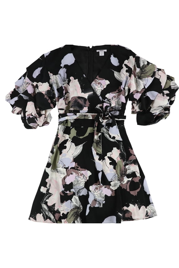 Womens Bubble-Sleeve Wrap Dress