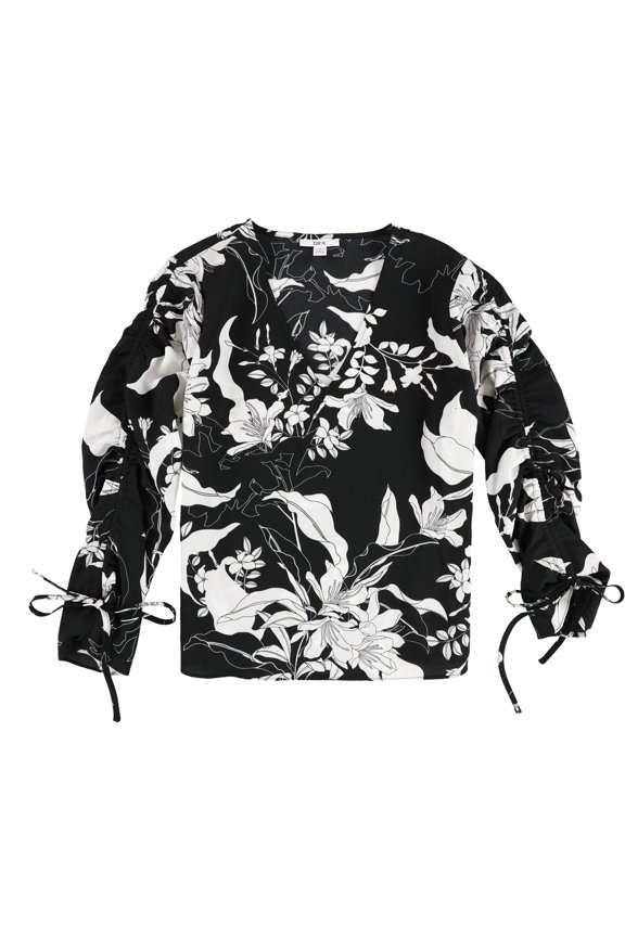 Womens Floral Ruched Sleeve Pullover Blouse