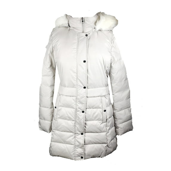 Bar Iii Womens Neutral Faux-Fur-Trimmed Hooded Quilted Coat M