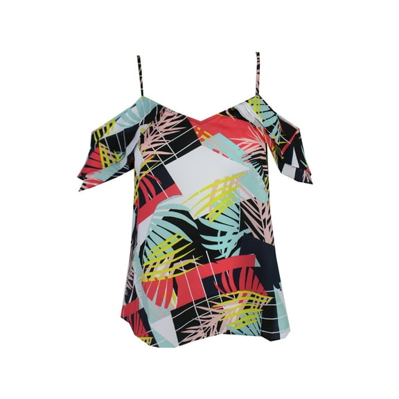 Bar Iii Womens Polished Coral Black Combo Draped Cold-Shoulder Top S