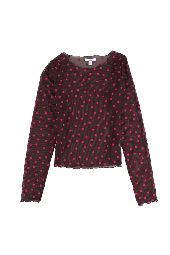 Womens Polka-Dot Mesh Pullover Blouse