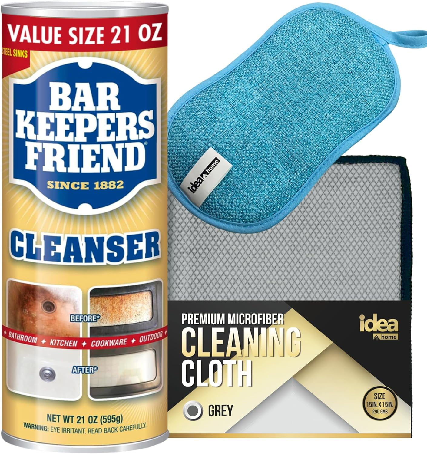 Bar Keepers Friend Cleanser and Polish Powder 21 oz (1 Pack) Rust Stain Remover Bundle Idea Home Microfiber Cleaning Cloth 15x15inand Multi-Purpose Non-Scratch Microfiber Sponge
