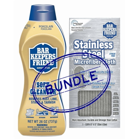 Bar Keepers Friend Ultimate Bundle Soft Soap with Microfiber Cloth Multipurpose Cleaner & Rust Stain Remover for Stainless Steel, Porcelain, Ceramic, Tile & More - 26oz