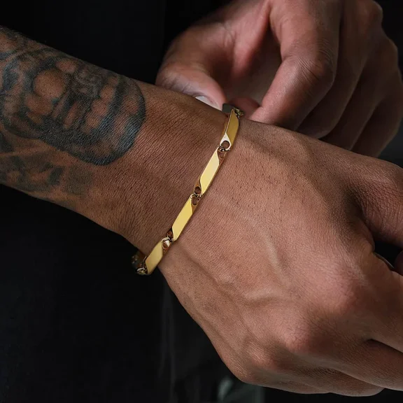 Bar Link Baht Link Chain Bracelet ,14K White Gold Bamboo Bracelets,Men's Jewelry, Guy Gift