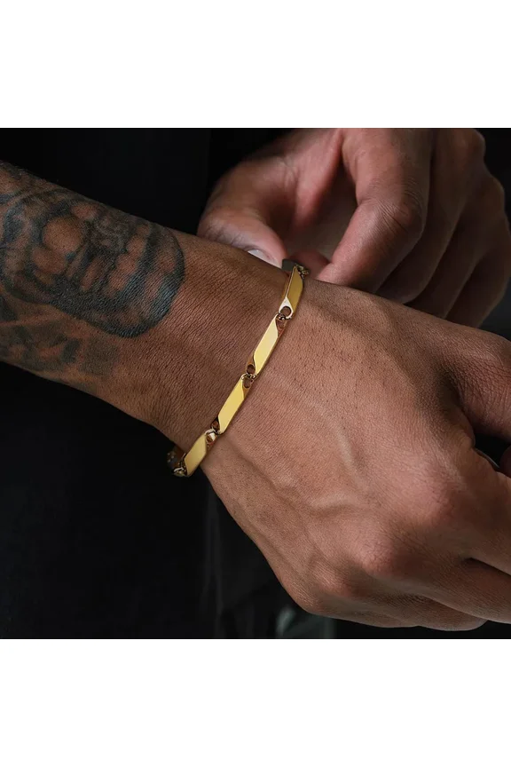 Bar Link Baht Link Chain Bracelet ,14K White Gold Bamboo Bracelets,Men's Jewelry, Guy Gift