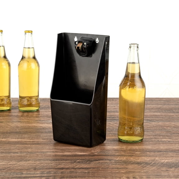Bar Lux Rectangle Black Bottle Cap Catcher - with Bottle Opener - 8 1/4" x 5 1/2" x 3" - 10 count box