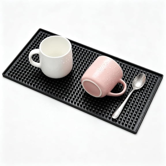 Bar Mat, 6" x 12" Black Small Coffee Mat for Home Bar Kitchen Countertop, Non-Slip Service Spill Mat for Cocktail Bartender Accessories, PVC Counter Top Cup Glasses Drying Mats, 1Pac