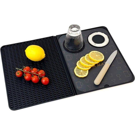 Bar Mat, Bar Accessories, Multifunctional Folding Cocktail Mat with Cutting Board, 18" X 12"(Black) Drying Mats, Bar Mat for Countertop, Bar Decorations for Home, Outdoor Bar Accessories, Travel