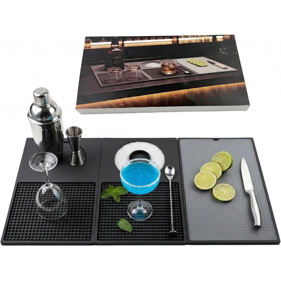 Bar Mat, Bar Accessories, Multifunctional Folding Cocktail Mat with Cutting Board, 22" X 12" Bar Mat for Countertop,Bartending Drying Mats,Bar Decorations for Home, Outdoor Bar Accessories RV (Black)