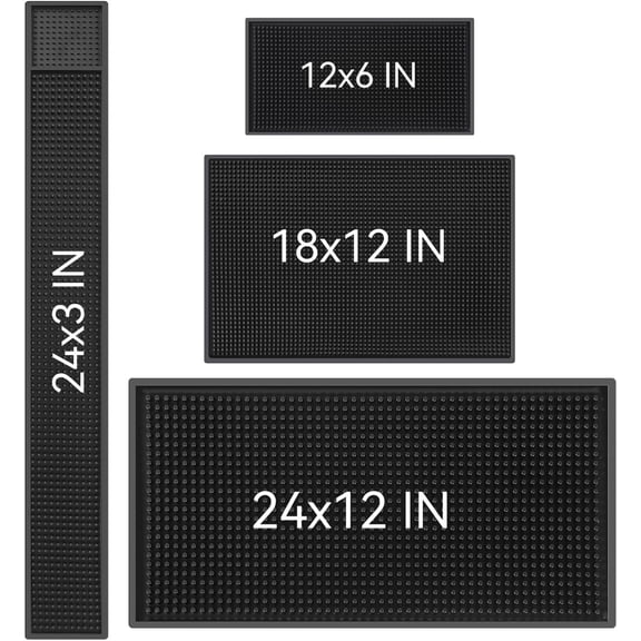 Bar Mat Set of 4 Nonslip Flexible Rubber Black Bar Service Spill Mat Barber Mats Dish Drying Mat (24" x 12"+18" x 12"+23" x 3"+12" x 6")