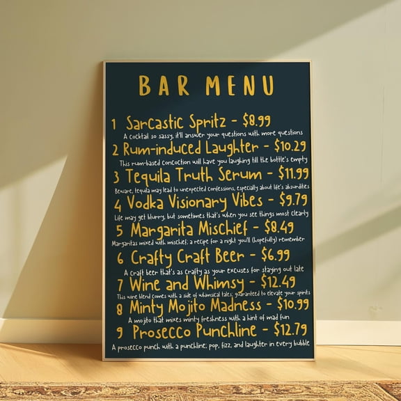 Bar Menu Poster, Home Bar Decor, Unframed Paper Poster 8x10in