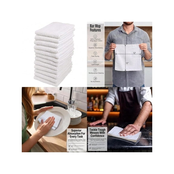 Bar Mop Cleaning Kitchen Dish Cloth Towels100 Cotton Machine Washable Everyday Kitchen Basic Utility Bar Mop Dishcloth Set Of 12 White