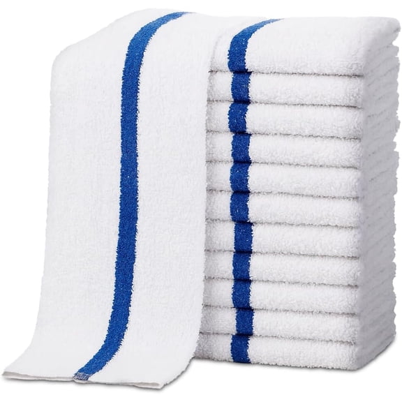 Bar Mop Towels - 12 Pack (16"x19") - 100% Cotton High Absorbency Kitchen Towels Reusable Dish Cloths, Quick-Dry Rags with Blue Stripe Ideal for Restaurants, Cooks, Bartenders & Homes