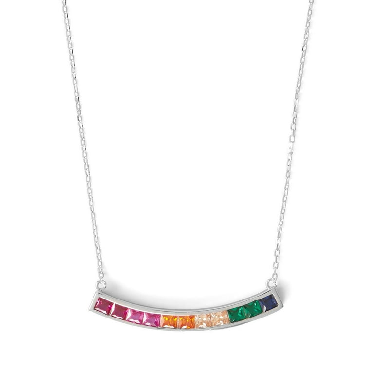 Bar Necklace Rainbow Color Cubic Zirconia Rhodium on Sterling Silver Bar Necklace Rainbow Color Cubic Zirconia Rhodium on Sterling Silver