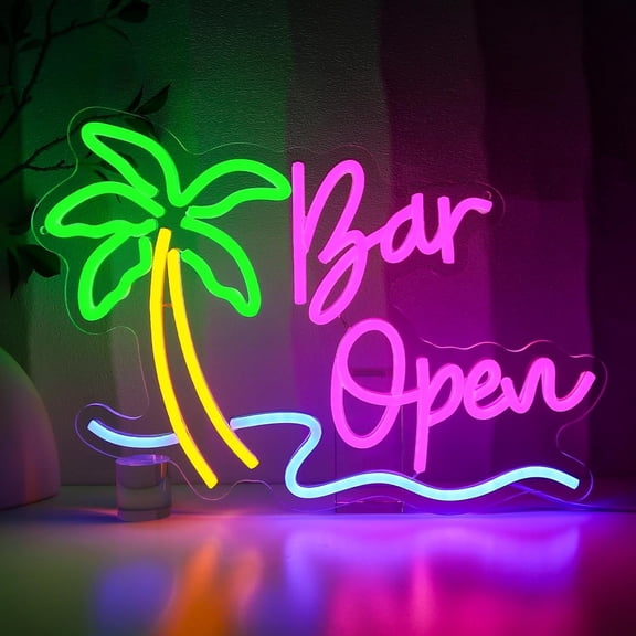 Bar Open Sign for Business, Neon Open Sign, USB Dimmable Palm Tree Neon Lights for Bar Coffee Cafe Pub Man Cave Stores Hotel Party Window Wall Decor Restaurant
