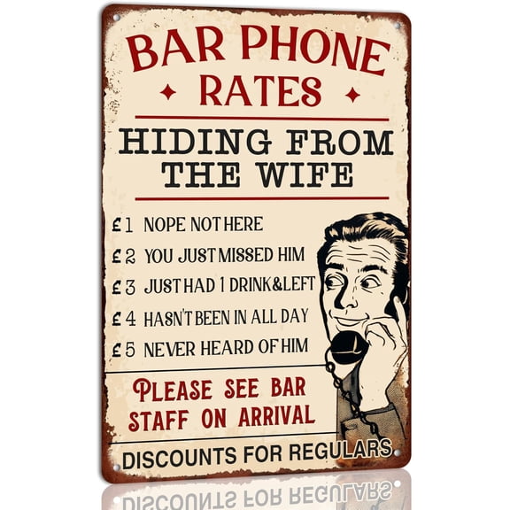 Bar Phone Rates Hiding from the Wife Metal Vintage Tin Sign Funny Bar Decor Retro Wall Decoration for Cafe Bars Restaurants Man Cave Home Retro Plaque 8x12 Inch