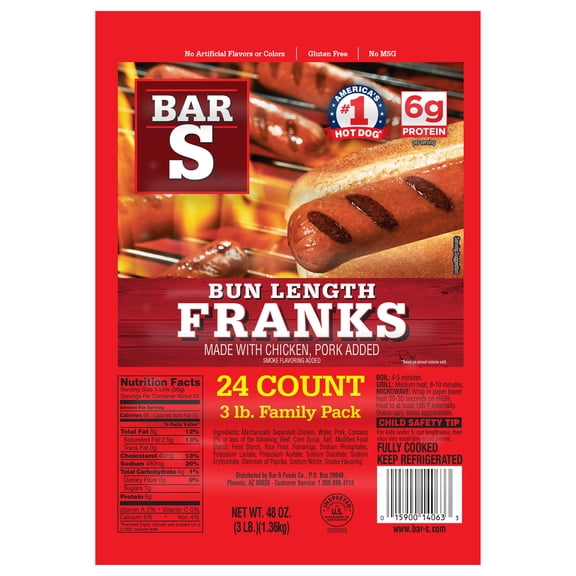 BarS Classic BunLength Franks, 24-Count, 3 lb Family Pack