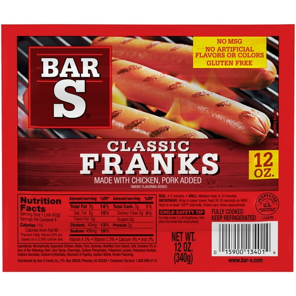 Bar S Classic Fully Cooked Franks, 8 Count, 12oz (Refrigerated)