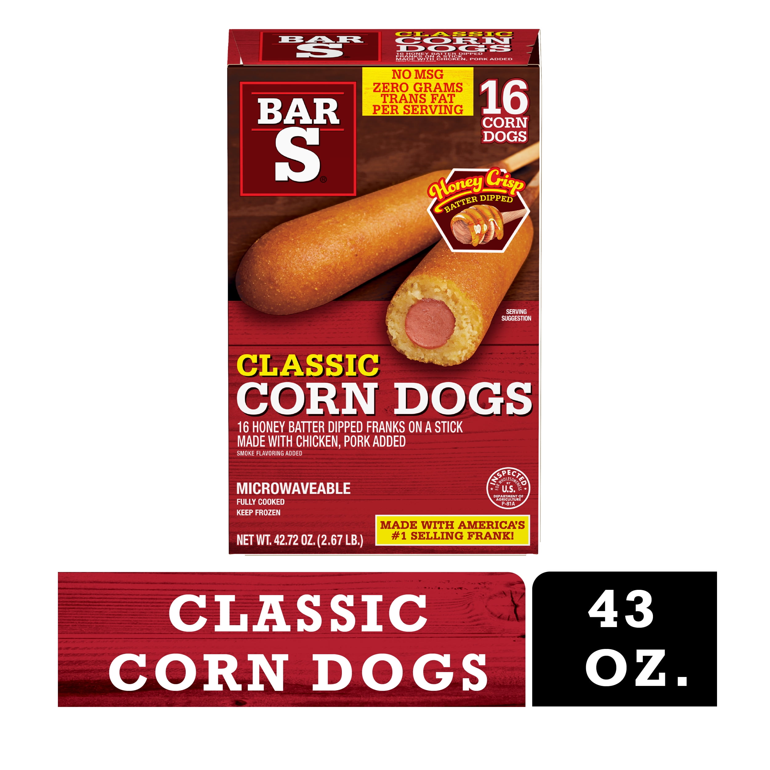 BarS Classic Honey Dipped Chicken and Pork Corn Dogs, 43 oz, 16 Count