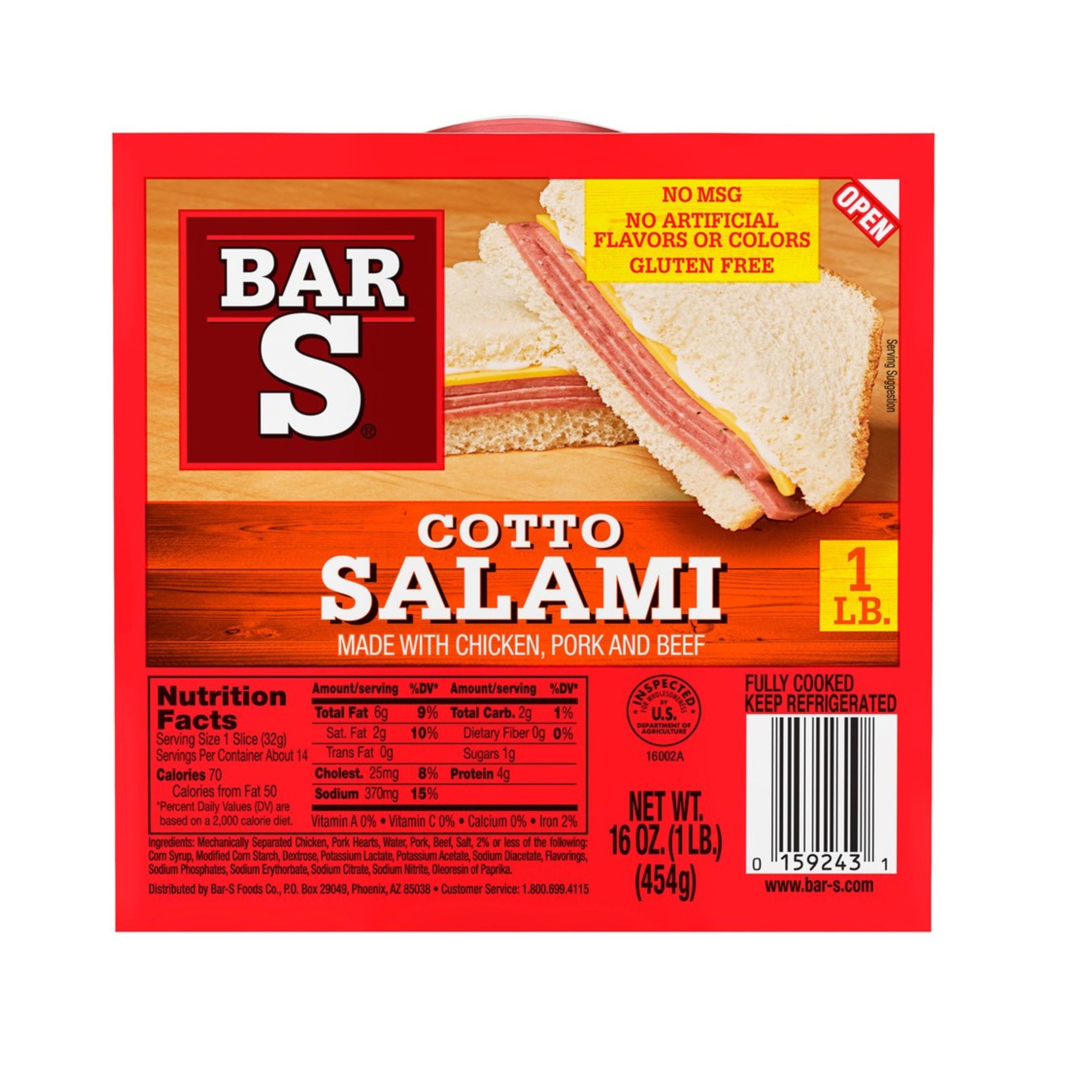 Bar S Cotto Gluten Free, No MSG Salami Deli Lunch Meat, 16 oz, Sliced
