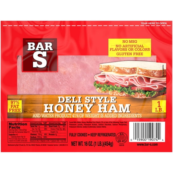 Bar-S Deli Style Honey Ham Sliced Lunch Meat, 1lb